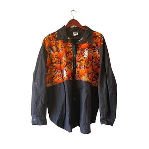 Vintage Halloween Pumpkin Ghost Teddy Bear Print Black Button Up Shirt Women's